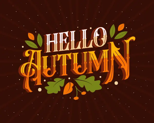 Hello Autumn Lettering Drawn Leaves Flowers — Stock Vector