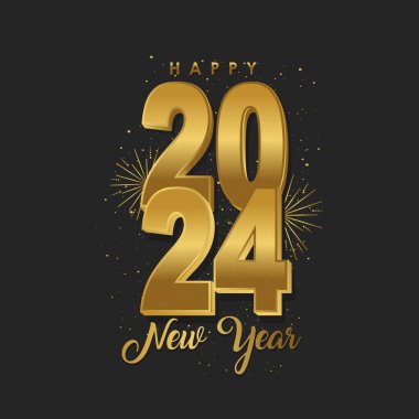 2024 Mutlu Yıllar tebrik kartı vektör şablonu. Siyah arkaplanda konfeti gerçekçi resimli altın sayılar.
