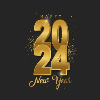 2024 Mutlu Yıllar tebrik kartı vektör şablonu. Siyah arkaplanda konfeti gerçekçi resimli altın sayılar.