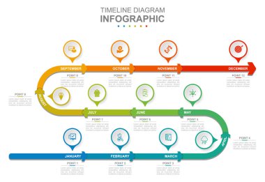 Infographic business template. 12 Months modern Timeline diagram calendar with arrows. Concept presentation.