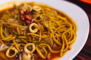 Mie Aceh 'in yakın çekimleri beyaz tabakta servis edilir. Endonezya 'nın en lezzetli erişte yemeklerinden biri. Endonezya 'nın Aceh eyaletinden geleneksel erişte.