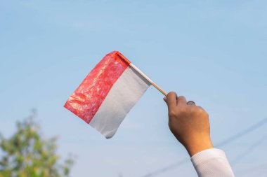 Endonezya bayrağının maketini tutan kadınlar.