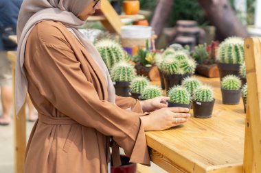 Küçük işletme sahibi kaktüs dükkanı gülen ve tesettürlü