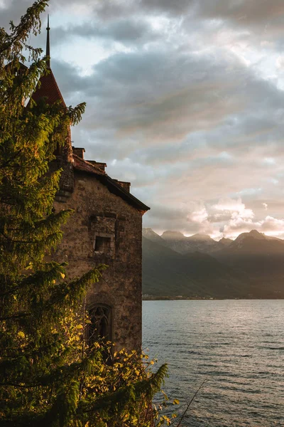 Castelo Chillon Lago Genebra Durante Pôr Sol — Fotografia de Stock