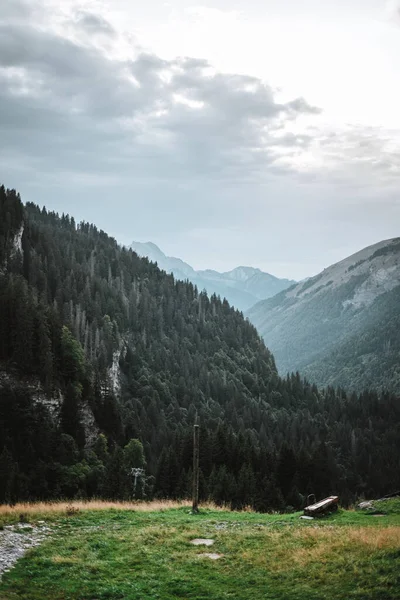 Majestátní Hory Alpách Pokryté Stromy Mraky — Stock fotografie