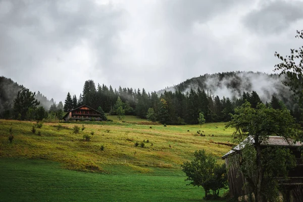 Wooden Hut Alps Mountains Background Panorama — Stockfoto