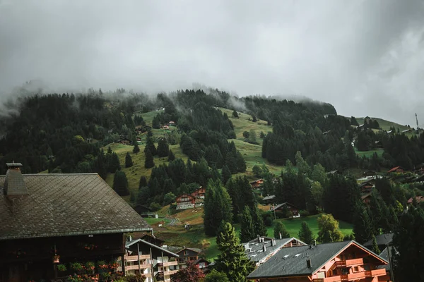 Wooden Hut Alps Mountains Background Panorama — Stockfoto