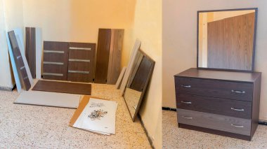 İki fotoğraf, modern koyu kahverengi bir ahşap melamin reçine dolabı parçaları sergilenmiş ve sıralanmış, duvara yaslanmış, montaja hazır. Ve mobilyalar dört kapı ve iki çekmeceyle birleştirildi..