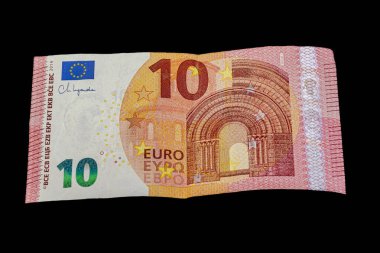 Romanca bir kemer yolu, AB bayrağı, ECB başkanının imzası, avro sembolü ve değeri ve penceresi olan bir hologram şeridi gösteren on avroluk banknotun ön tarafı..