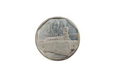 Bir Nikel Küba sikkesinin ters ya da arka yüzü. Yüz değerini 10 c sayısal olarak ve İspanyolca 'da temsil edilen yerin adının 