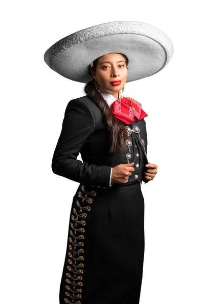 female mexican mariachi woman smiling using a traditional mariachi girl suit on a pure white background. good looking latin hispanic musician feminine mariachi wearing a mexican white hat or sombrer