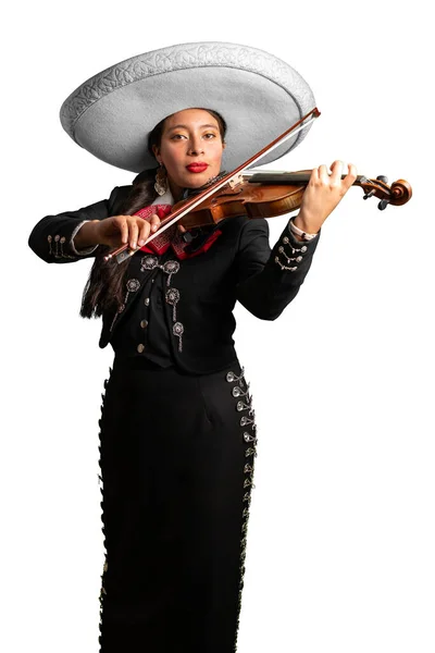 female mexican mariachi woman playing violin traditional mariachi girl suit on a pure white background. good looking latin hispanic musician feminine mariachi violinist with hat