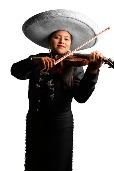 female mexican mariachi woman violinist using a traditional mariachi girl suit on a pure white background. good looking latin hispanic musician feminine mariachi wearing a mexican white hat
