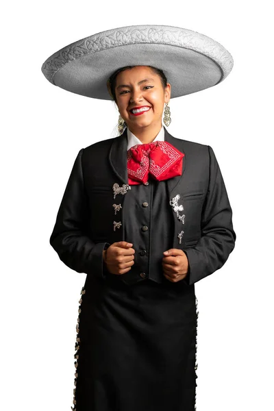 female mexican mariachi woman smiling using a traditional mariachi girl suit on a pure white background. good looking latin hispanic musician feminine mariachi wearing a mexican white hat or sombrer