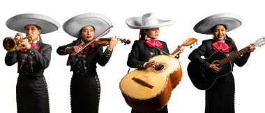 Kadın mariachi grubu, Meksika müzik grubu trompet, keman, gitar ve Meksika gitarı çalan kadınlar.