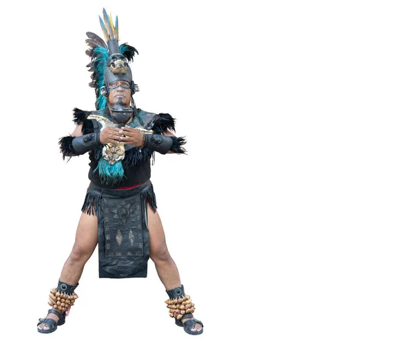 Dançarina Maya Azteca Com Traje Mexicano Tradicional Antigo Com Crânios — Fotografia de Stock