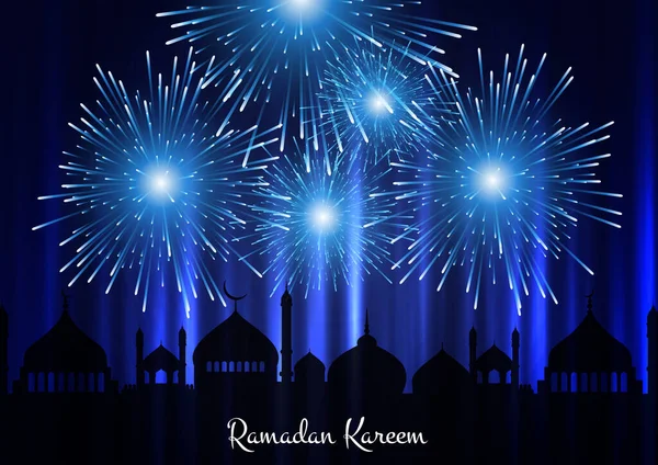 Fundo Kareem Ramadan Com Silhueta Mesquita Fogos Artifício Céu — Vetor de Stock