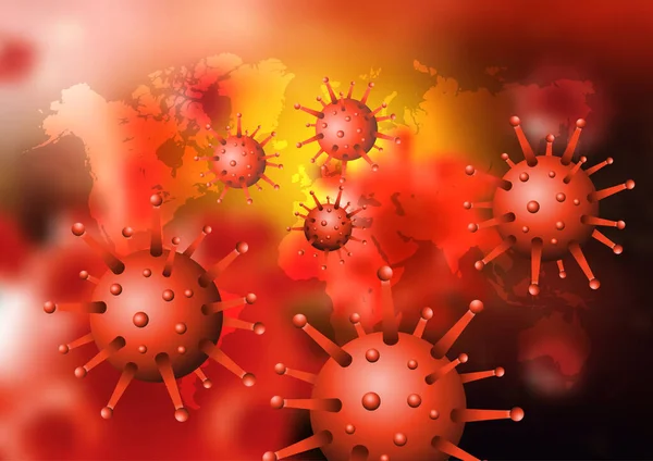 世界地図上のウイルス細胞の概要Covid 19パンデミックを描いた背景 — ストックベクタ