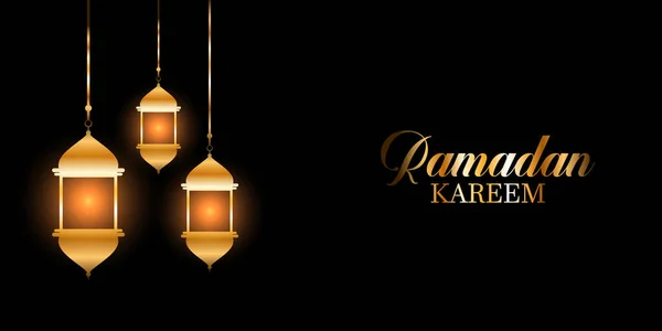 Bannière Décorative Ramadan Kareem Avec Lanternes Suspendues Lumineuses — Image vectorielle