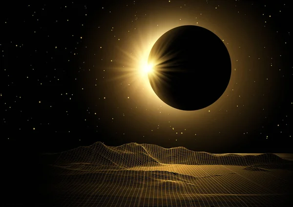 具有线框景观和日食图案的科幻小说 — 图库矢量图片