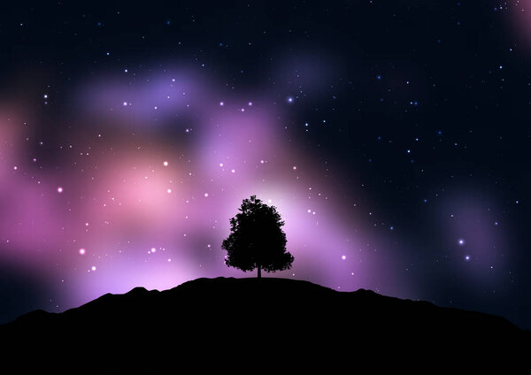 Silhouette of a tree against a starry space sky