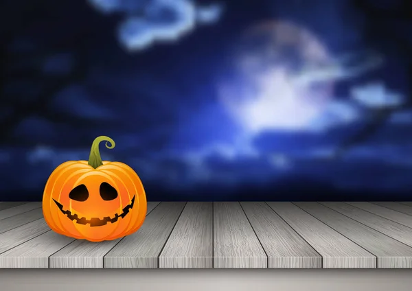 Halloween Hintergrund Mit Einem Kürbis Auf Einem Holztisch Vor Einer — Stockvektor
