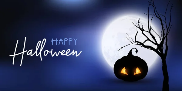 Halloween Banner Med Spooky Pumpa Mot Månbelysta Himmel — Stock vektor