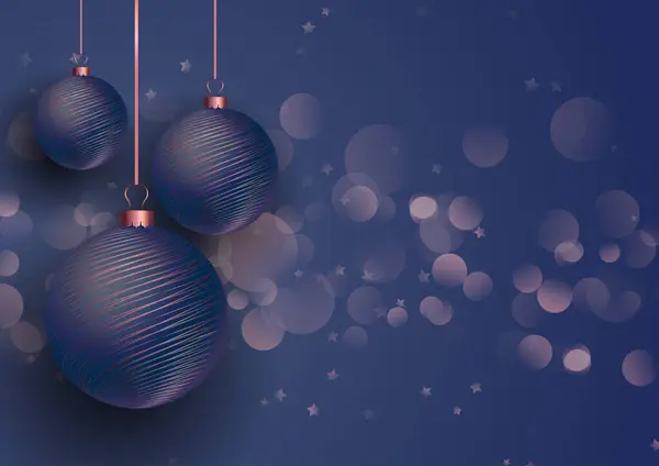 Weihnachten Hintergrund Mit Roségold Und Blauen Hängenden Kugeln — Stockvektor
