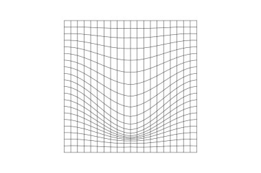 Distorted square grid. Geometric deformation effect. Mesh warp texture. Convex futuristic net. Gravity phenomenon. Bented lattice surface isolated on white background. Vector graphic illustration.