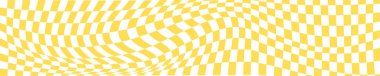 Checkered white and orange chessboard background with distortion. Psychedelic pattern with warped squares. Optical illusion effect. Trippy checker board texture. Vector flat illustration