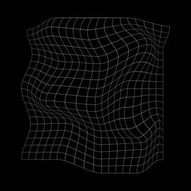 Distorted white grid isolated on black background. Warped wireframe texture. Net with curvatured effect. Checkered pattern deformation. Bented lattice surface. Vector graphic illustration