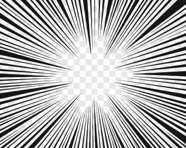 Cartoon emphasis effect. Comic manga book page template. Radial black lines frame on transparent background. Splash, boom, bang, explosion, glow, scream, flash design. Vector graphic illustration