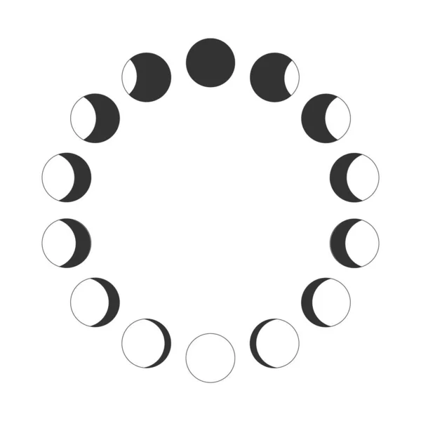 概要ムーンフェイズ カレンダーの月周期 ウォーニングとワックスムーンシルエットが円を描いて動きます 白い背景に孤立したルナ天体の丸い形 ベクトルグラフィックイラスト — ストックベクタ