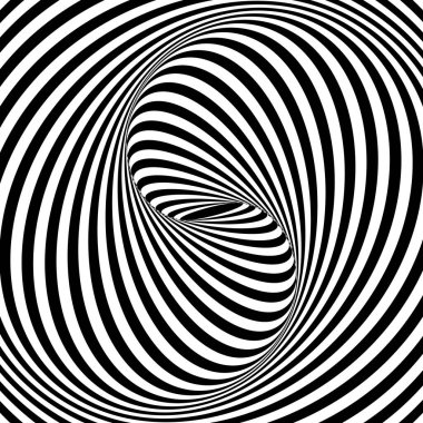 Spiral optik illüzyon. Siyah ve beyaz girdap çizgileri. Dinamik kaleydoskop etkisiyle çizgili kıvrımlı desen. Vektör grafik illüstrasyonu.