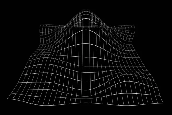 グリッドの視点変形 黒の背景に白い地形のワイヤーフレーム リリーフメッシュ構造 歪んだ格子面 ベクトルグラフィックイラスト — ストックベクタ