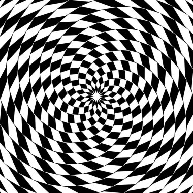 Siyah ve beyaz fırıldak görsel efekt. Dinamik kaleydoskop desenli kıvrımlı desen. Spiral optik illüzyon. Vektör grafik illüstrasyonu.
