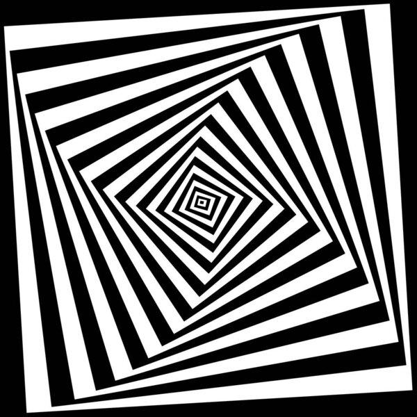 Black and white rotating squares. Pattern with vortex effect. Ortical illusion with quadrangle shapes. Twisty dynamic texture. Vector graphic illustration.