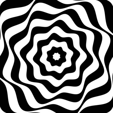 Siyah ve beyaz çiçek şekilleri. Girdap etkisiyle çiçek deseni. Çiçek temalı bir kahin illüzyonu. Bükülmüş dinamik doku. Vektör grafik illüstrasyonu