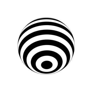 Çizgili üç boyutlu küre simgesi. Küresel şekil ve eş merkezli daireler. Modern top modeli beyaz arka planda izole edildi. Küresel şekil. Vektör grafik illüstrasyonu