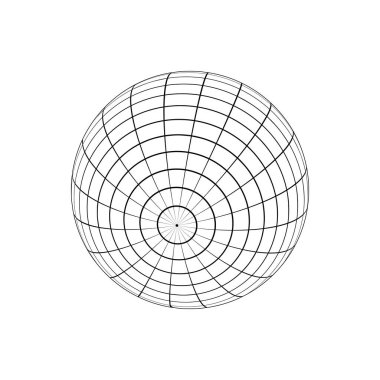 Üç boyutlu kablo çerçevesi. Yörünge modeli, küresel şekil, ızgaralı top. Beyaz arka planda izole edilmiş paralel ve meridyen çizgilere sahip boylam ve enlemli dünya küre figürü. Vektör özet çizimi