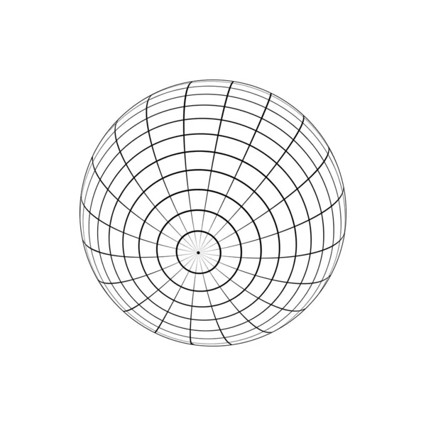 3Dスフィアワイヤーフレーム 軌道モデル 球状形状 グリッドボール 経度と緯度 平行線と子午線の線が白い背景に孤立している地球の地球の地球の姿 ベクトルアウトライン図 — ストックベクタ