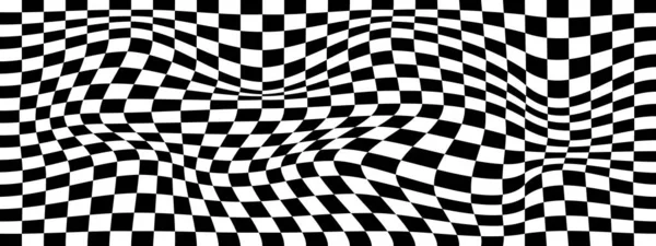 Distorted Chessboard Background Psychedelic Pattern Black White Squares Warped Race — Stock Vector