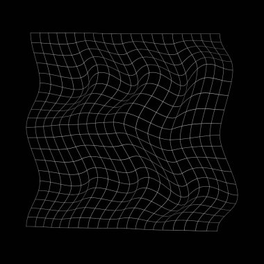 Siyah arka planda beyaz ızgara bozulması. Bükülmüş ağ dokusu. Geleceğin buhar dalgası ağı. Damalı deformasyon. Eğimli kafes yüzeyi. Vektör özet çizimi