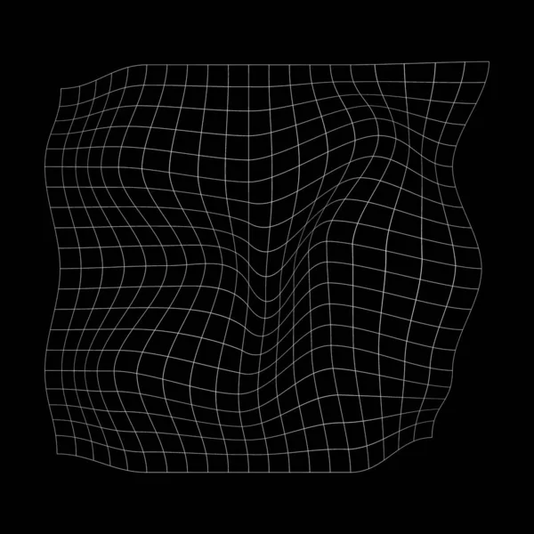 歪んだ正方形のグリッド メッシュの質感をワープ 湾曲した網 パターンの変形をチェック 黒の背景に孤立した白い格子面を曲げます ベクトルアウトライン図 — ストックベクタ