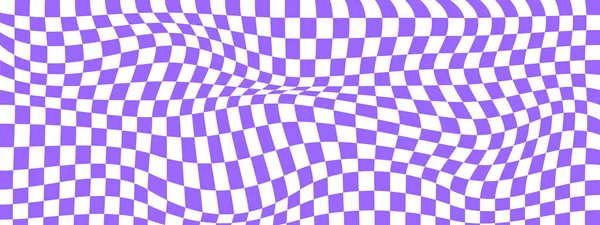 带有扭曲的紫色和白色正方形的触觉背景 被扭曲的棋盘图案 被扭曲的视觉错觉 迷幻的棋盘质感矢量说明 — 图库矢量图片