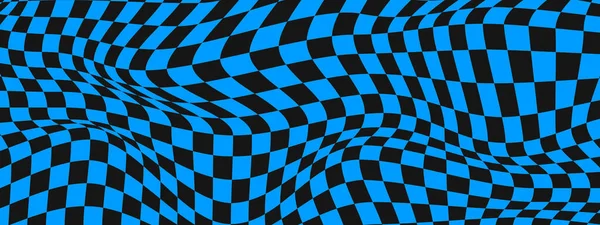 Vervormd Schaakbord Achtergrond Psychedelisch Patroon Met Gekromde Zwarte Blauwe Vierkanten — Stockvector