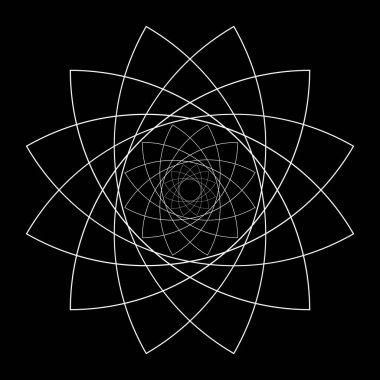 Beyaz grafik çiçek şekli. Spirograf şablonu. Konsantrik süs dokusu. Harmonik simetrik kablo elementi. Yuvarlak Guilloche çerçevesi siyah arkaplanda izole edilmiş. Vektör özet çizimi