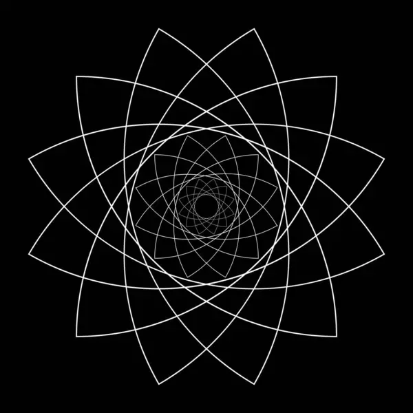 白いグラフィックの花の形 スパイログラフテンプレート 同心円状の装飾テクスチャ 高調波対称ワイヤフレーム要素 黒の背景に孤立した丸いギョーシェフレーム ベクトルアウトライン図 — ストックベクタ