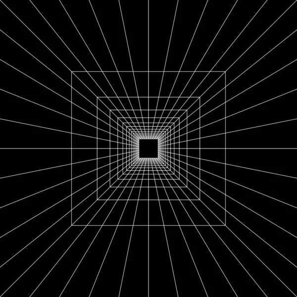 正方形入口白色线框 透视黑色背景 工作室或箱体网格结构 超空间 虚拟现实空间 工程或技术方案 矢量说明 — 图库矢量图片