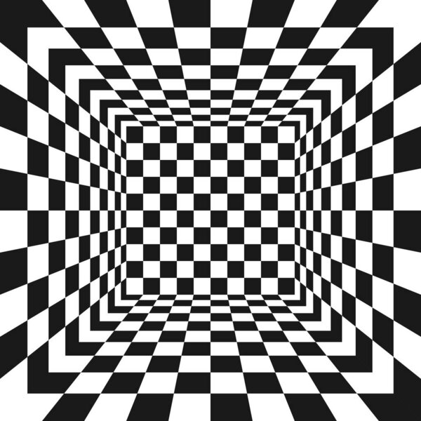 Квадратная комната с чеканной текстурой. Интерьер зала, студии или портала в перспективе. Внутренняя структура коробки с черно-белым квадратным узором. 3D измерение. Векторная плоская иллюстрация